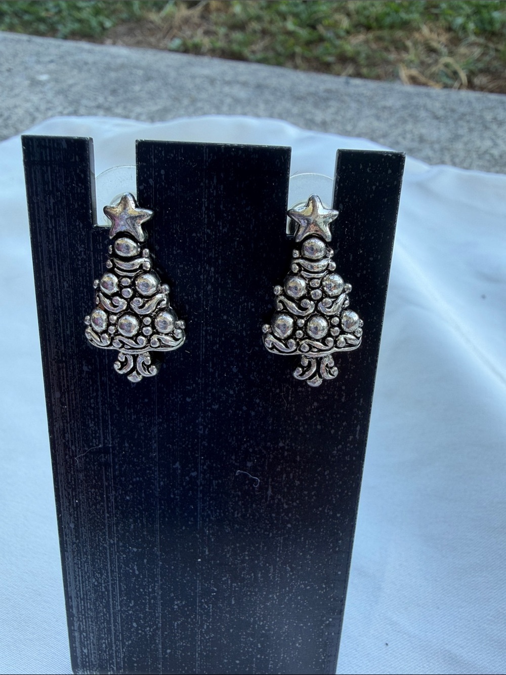 Silver-Tone Christmas Tree Stud Earrings